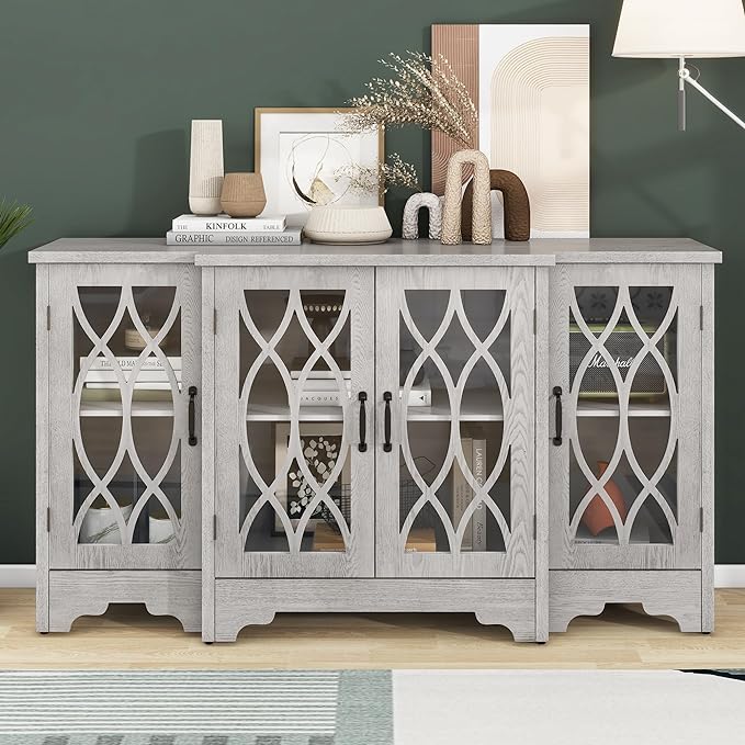 58" Retro Sideboard Glass Door with Curved Line Design,Wood Ample Storage Cabinet,W/Black Handle and Three Adjustable Shelves,for Dining Living Room Entryway,Antique White - LeafyLoom