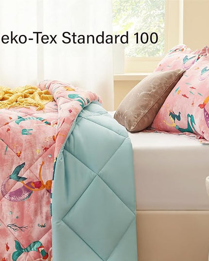 Twin Mermaid Bedding Sets for Girls, 3 Pieces Kids Queen Comforter Sets, Super Soft Lightweight for All Seasons, Includes 1 Comforter (88"x88") and 2 Pillowcase (20"x26"+2") - LeafyLoom