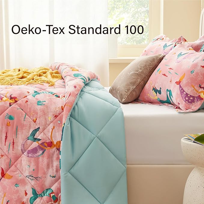 Twin Mermaid Bedding Sets for Girls, 2 Pieces Kids Twin Comforter Sets, Super Soft Lightweight for All Seasons, Includes 1 Comforter (66"x86") and 1 Pillowcase (20"x26"+2") - LeafyLoom