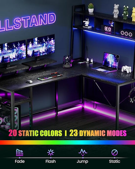 L-Shaped Gaming Desk with Hutch, Monitor Stands, Storage Shelves, LED Lights & Power Outlets - 94.5 inch Reversible Black Corner Computer Desk for Home Office - LeafyLoom