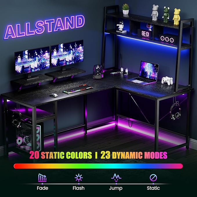 L-Shaped Gaming Desk with Hutch, Monitor Stands, Storage Shelves, LED Lights & Power Outlets - 94.5 inch Reversible Black Corner Computer Desk for Home Office - LeafyLoom