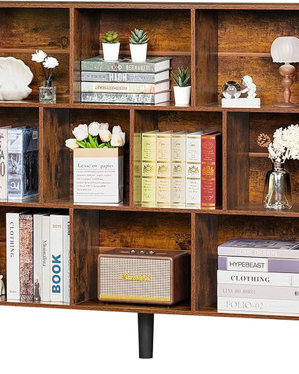 LEYAOYAO 10 Cube Bookshelf,3 Tier Modern Wide Bookcase with Legs,Mid-Century Wood Bookshelves Storage，Brown Large Book Case,Freestanding Organizer Display Shelf for Bedroom,Living Room,Office - LeafyLoom