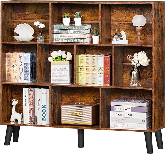 LEYAOYAO 10 Cube Bookshelf,3 Tier Modern Wide Bookcase with Legs,Mid-Century Wood Bookshelves Storage，Brown Large Book Case,Freestanding Organizer Display Shelf for Bedroom,Living Room,Office - LeafyLoom