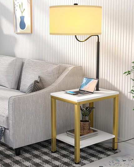 LED Floor Lamp with Table - End Table with Power Outlet and USB Charging Port, Bedside Nightstand Shelf, Side Table with Standing Light for Living Room, Bedroom, Bulb Included, White, 2 Pack - LeafyLoom