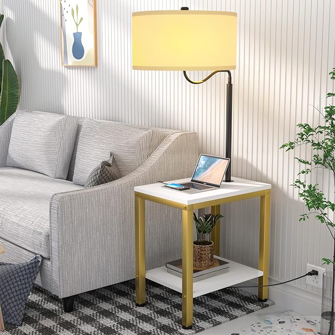 LED Floor Lamp with Table - End Table with Power Outlet and USB Charging Port, Bedside Nightstand Shelves, Side Table with Reading Standing Light for Living Room, Bedroom, Bulb Included, White - LeafyLoom