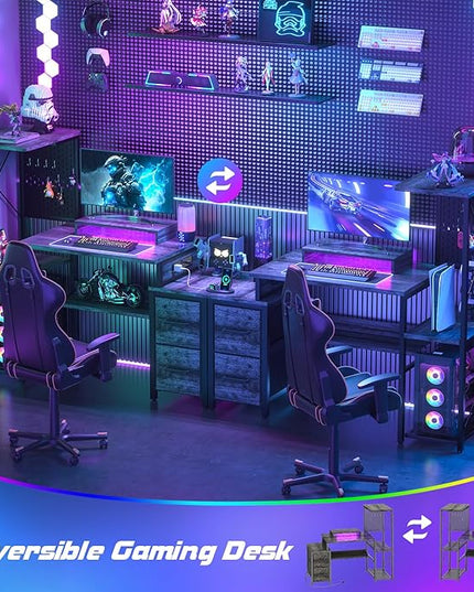 Small Gaming Desk with 2 Fabric Drawers - Reversible Computer Desk with Power Outlet & LED Lights, 49" Office Desk with Monitor Stand & Storage Shelves, Writing Study Table with Pegboard, Grey Oak - LeafyLoom