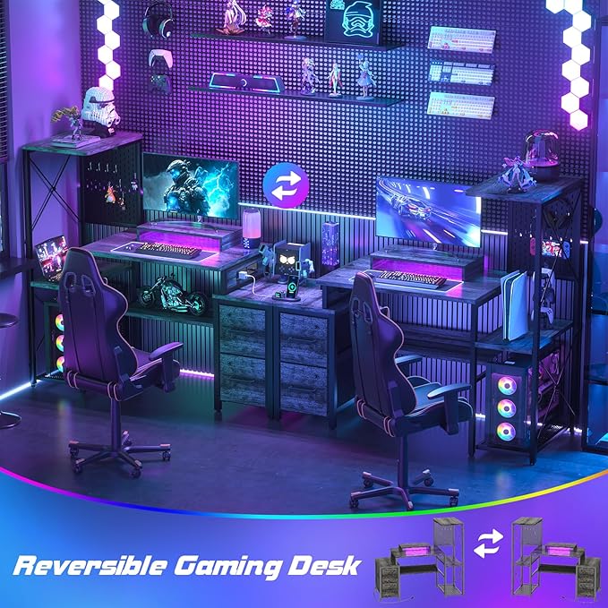 Small Gaming Desk with 2 Fabric Drawers - Reversible Computer Desk with Power Outlet & LED Lights, 49" Office Desk with Monitor Stand & Storage Shelves, Writing Study Table with Pegboard, Grey Oak - LeafyLoom