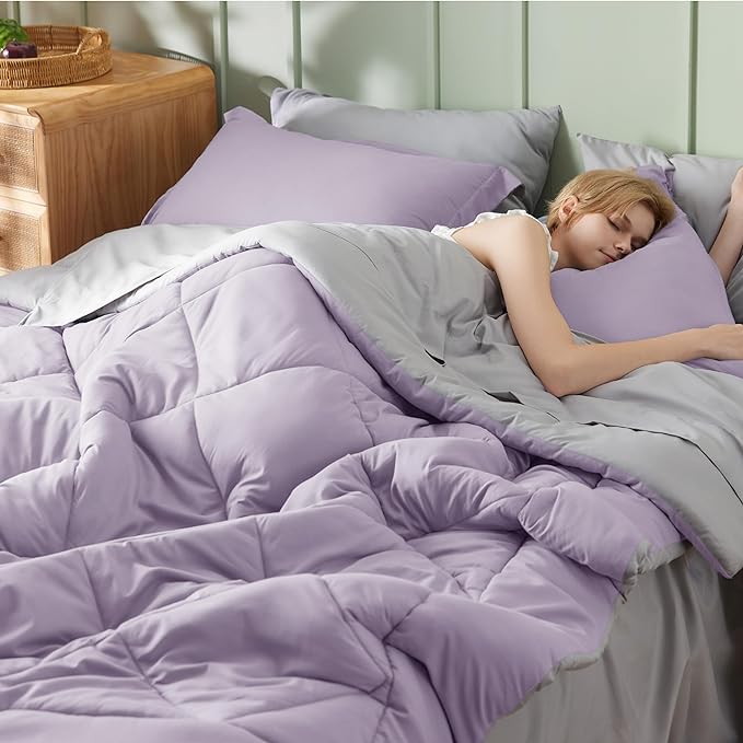 Bedsure Light Purple California King Size Comforter Set - 7 Pieces Reversible California King Bed in a Bag, Cal King Light Purple and Grey Bed Set with Comforters, Sheets, Pillowcases & Shams - LeafyLoom