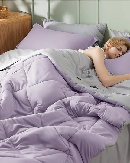Bedsure Light Purple King Size Comforter Set - 7 Pieces Reversible King Bed in a Bag, King Bed Set Light Purple and Grey with Comforters, Sheets, Pillowcases & Shams - LeafyLoom