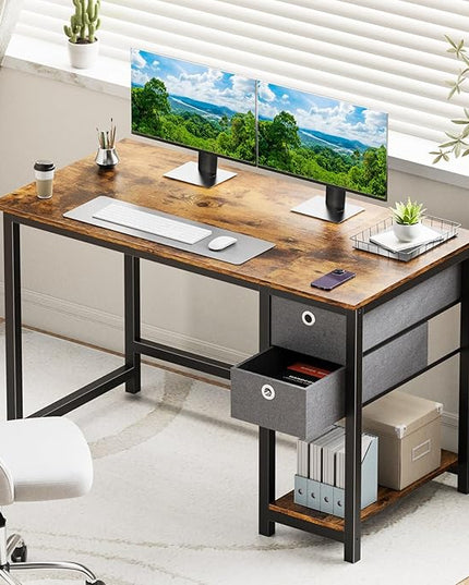 SMUG Computer Desk with Storage Drawers, 40 Inch Small Office Desk Modern Simple Workstation Study Writing Table for Home Bedroom, Rustic Brown - LeafyLoom