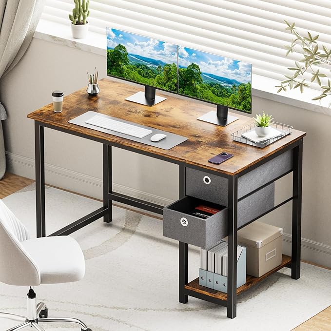 SMUG Computer Desk with Storage Drawers, 47 Inch Small Office Desk Modern Simple Workstation Study Writing Table for Home Bedroom, Rustic Brown - LeafyLoom