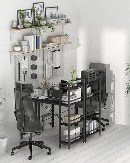 4NM 35" Small Computer Desk with 4-Tier Bookshelf, Home Office Desk Writing Workstation Study Table Multipurpose for Small Space Work - All Black - LeafyLoom