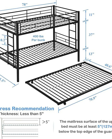 VECELO Twin Over Twin Bunk Bed with Trundle, Metal Bunkbeds with Ladder and Full-Length Guardrail, Noise Free, No Box Spring Needed, Black - LeafyLoom