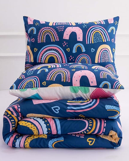 Btargot Lightweight Soft 3 Piece Rainbow Comforter Set with 2 Pillow Covers, Cartoon Love Hearts Suns and Stars Bedding Set for Girls Boys Kids, Queen Dark Blue - LeafyLoom