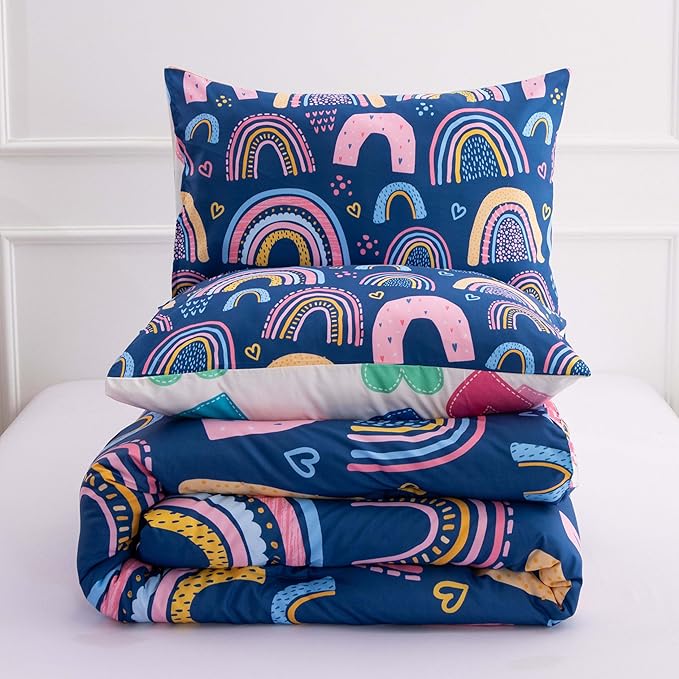 Btargot Lightweight Soft 3 Piece Rainbow Comforter Set with 2 Pillow Covers, Cartoon Love Hearts Suns and Stars Bedding Set for Girls Boys Kids, Queen Dark Blue - LeafyLoom
