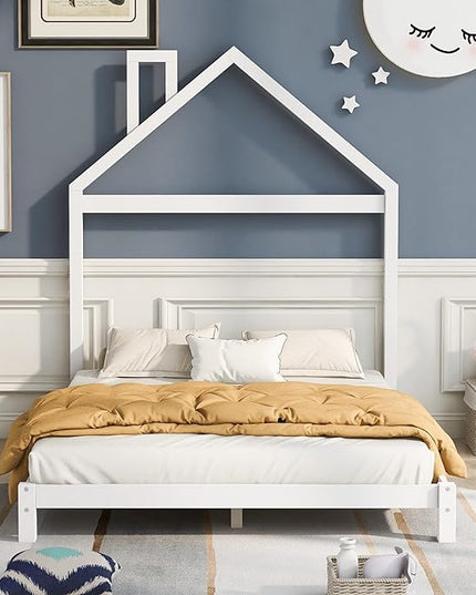 Jintop Full Size Wood Platform House-Shaped Headboard and Chimney,Bedroom Furniture Bed Frame W/ 10 Slat Support,Easy to Install,for Teens Kids Girls Boys,White - LeafyLoom