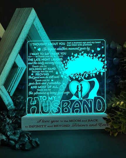 to My Husband Gifts from Wife LED Lamp, Romantic Valentines Gift 3D Illusion Lamp Wood Base USB Powered Acrylic Night Light, Husband Gifts, Fathers Day Presents for Him Husband - LeafyLoom