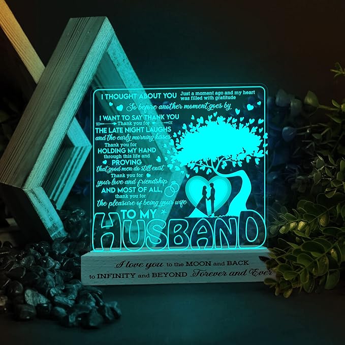 to My Husband Gifts from Wife LED Lamp, Romantic Valentines Gift 3D Illusion Lamp Wood Base USB Powered Acrylic Night Light, Husband Gifts, Fathers Day Presents for Him Husband - LeafyLoom