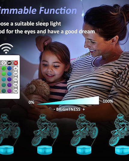 Dirt Bike Night Light, Dirt Bike Gift, 3D Illusion Lamp, 3D Dirt Bike Night Light with Remote and Touch Control, Dirt Bike Decor for Kids Room, Girls Birthday Gifts - LeafyLoom