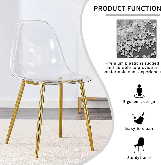 NicBex Dining Chairs Set of 6 Armless Crystal Clear Dining Chairs Modern Plastic Kitchen Chairs,Accent Ghost Chairs with Golden Metal Legs for Kitchen,Dining Room,Living Room,Transparent - LeafyLoom