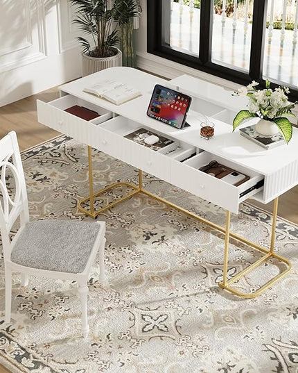 NicBex Laik-DW-00001-DX Desks, 48.26" W x 23.62" D x 30.7" H, Gold+White - LeafyLoom