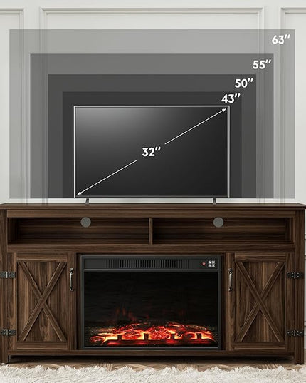 YESHOMY Fireplace TV Stand for Television up to 65+ Inch with Storage and Farmhouse Barn Doors, Entertainment Center with Cabinet and Shelves, Media Console for Living Room, Walnut - LeafyLoom