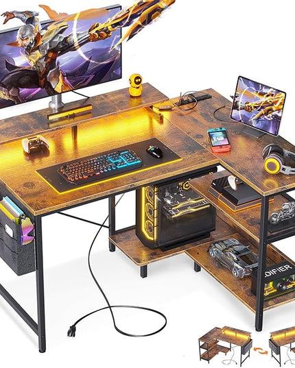ODK 40 Inch Gaming Desk with USB Charging Ports and LED Lights, Reversible L Shaped Computer Desk with Storage Shelves & Monitor Stand, Corner Home Office Desk Table with Power Outlets, Vintage - LeafyLoom