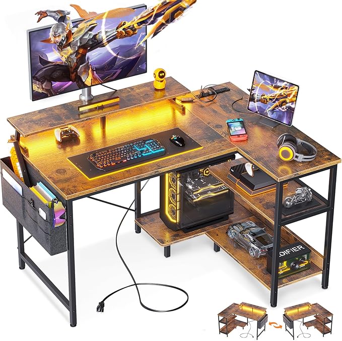 ODK 40 Inch Gaming Desk with USB Charging Ports and LED Lights, Reversible L Shaped Computer Desk with Storage Shelves & Monitor Stand, Corner Home Office Desk Table with Power Outlets, Vintage - LeafyLoom