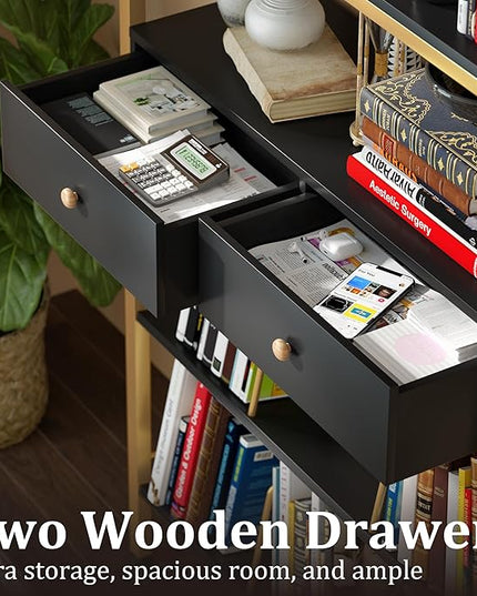Bookshelf with Drawers-31.5'' Widen Industrial Book Shelf with Bookend,5-Tiers Tall Storage Shelves, Steel Frame Display Rack, Suitable for Bedroom, Office, Living Room-27'' Depth Black - LeafyLoom