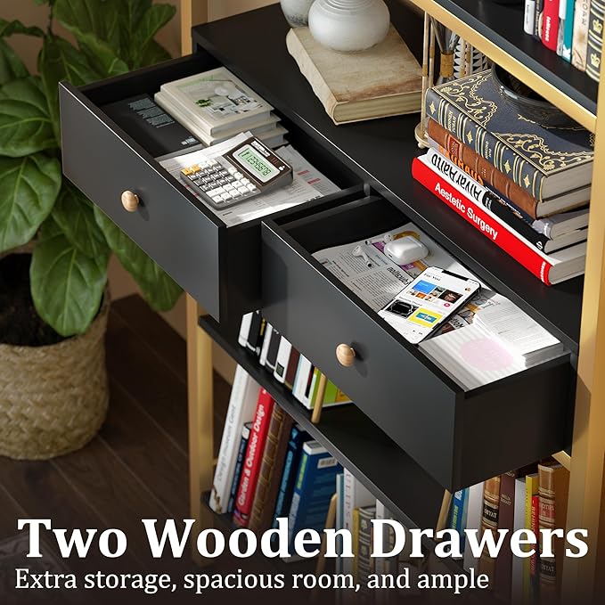 Bookshelf with Drawers-31.5'' Widen Industrial Book Shelf with Bookend,5-Tiers Tall Storage Shelves, Steel Frame Display Rack, Suitable for Bedroom, Office, Living Room-27'' Depth Black - LeafyLoom