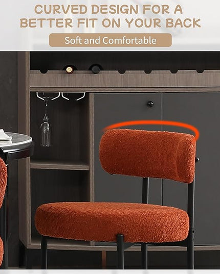Orange Dining Chairs Set of 4 Round Upholstered Boucle Dining Room Chairs Mid-Century Modern Kitchen Chairs Curved Backrest Chairs for Dining Room Black Metal Legs - LeafyLoom