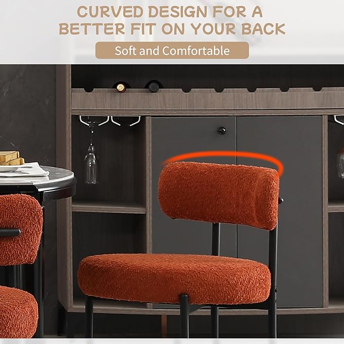 Orange Dining Chairs Set of 4 Round Upholstered Boucle Dining Room Chairs Mid-Century Modern Kitchen Chairs Curved Backrest Chairs for Dining Room Black Metal Legs - LeafyLoom