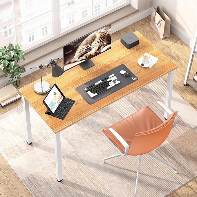 Computer Desk,55.1 inches Office Desk & Workstations for Home Office, Gaming Desk Computer Table,Modern Simple Style Laptop Table, Teak & White - LeafyLoom