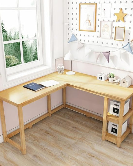 Max & Lily Solid Wood Corner Desk, 55 x 55 Inches, Natural - LeafyLoom