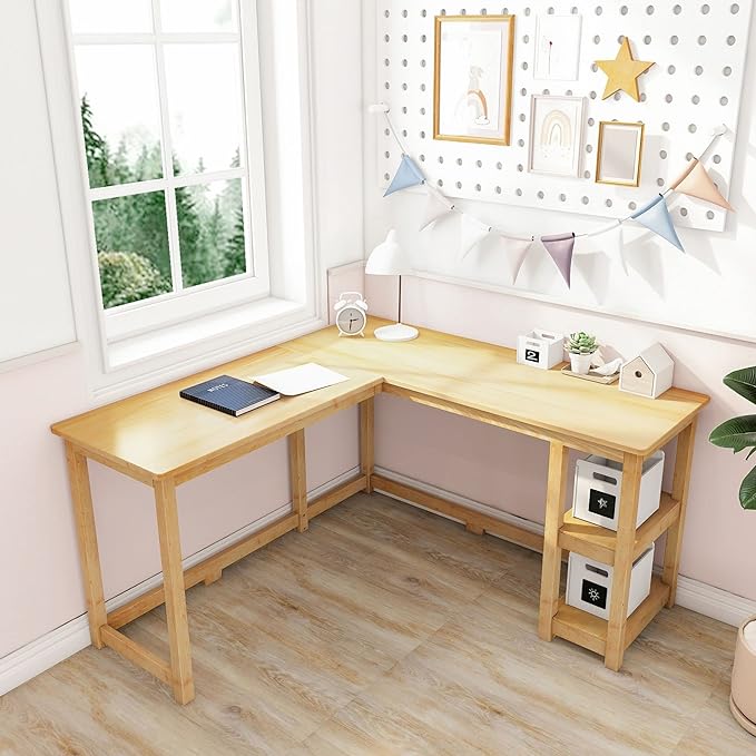 Max & Lily Solid Wood Corner Desk, 55 x 55 Inches, Natural - LeafyLoom
