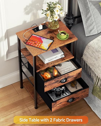 Furologee Nightstand with Charging Station, LED Night Stand with 2 Fabric Drawers, 3-Tier Storage Side Table with USB Ports & Outlets, End Table with Shelves for Lving Room/Bedroom - LeafyLoom