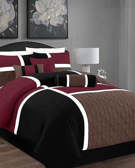 Chezmoi Collection Upland 7-Piece Quilted Patchwork Comforter Set, Burgundy/Black/Brown, Queen - LeafyLoom