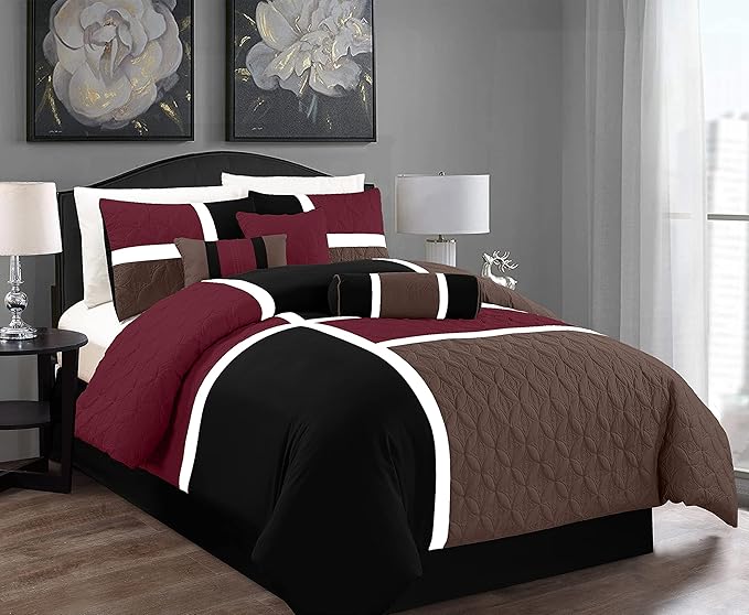 Chezmoi Collection Upland 7-Piece Quilted Patchwork Comforter Set, Burgundy/Black/Brown, Queen - LeafyLoom