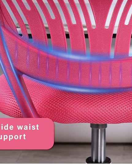 FurnitureR Teens Girls Task Chair 360 Swivel, Low Mid PP Mesh Back Fabric Seat, Height Adjustable, Rolling Castor, W15.7inces x D15.2inces x H29.5-34.2inches (Pink) - LeafyLoom