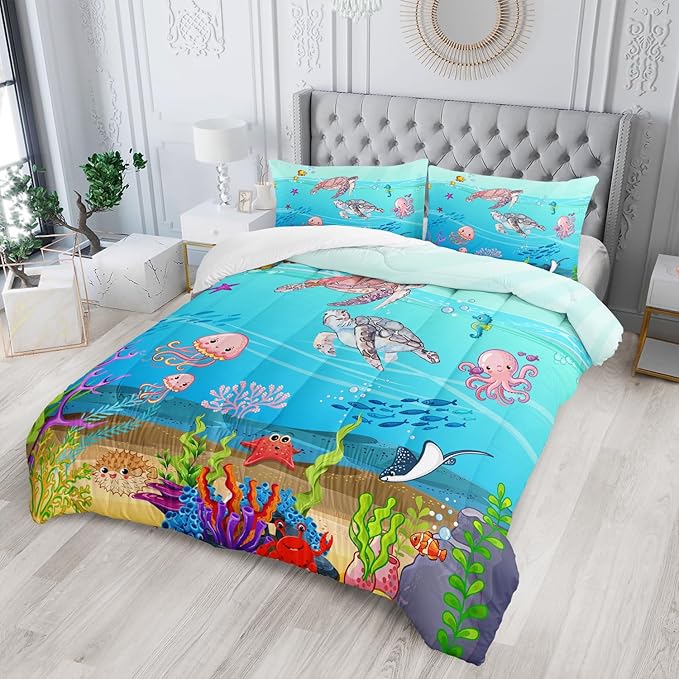 Turtle Comforter Set Twin Ocean Watercolor Sea Turtle Bedding Set Tropical Fish Marine Life Bed Set with 2 Pillowcases for Kids Room Decor - LeafyLoom