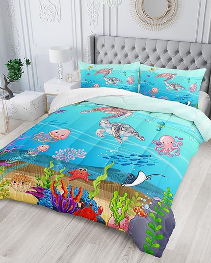 Turtle Comforter Set Queen Ocean Watercolor Sea Turtle Bedding Set Tropical Fish Marine Life Bed Set with 2 Pillowcases for Kids Room Decor - LeafyLoom