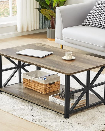 GreenForest Coffee Table for Living Room with Round Corners Farmhouse Style Center Table with Storage Shelf 39 Inch Space Saving Easy Assembly Gray Wash - LeafyLoom