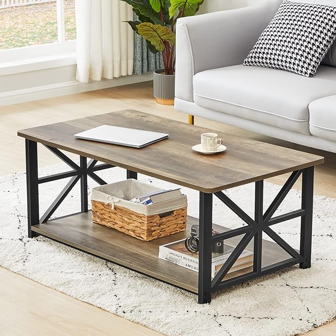 GreenForest Coffee Table for Living Room with Round Corners Farmhouse Style Center Table with Storage Shelf 39 Inch Space Saving Easy Assembly Gray Wash - LeafyLoom