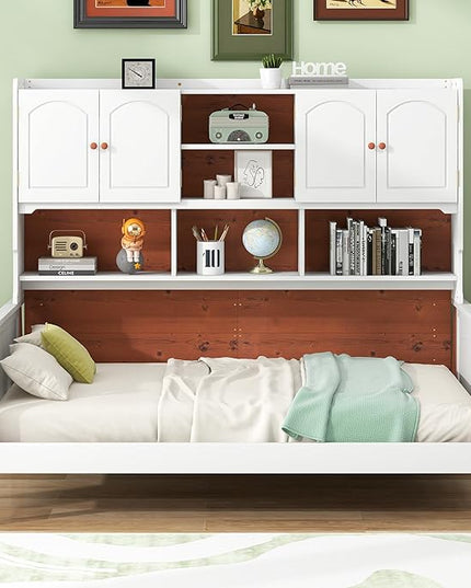 Twin Size Platform Bed with Multiple Storage, No Box Spring Required,Easy to Assemble,Wood Bed Frame for Bedroom/Apartment/Guest-Room,White+Walnut - LeafyLoom