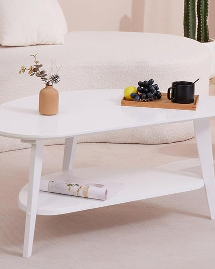 Mid Century Modern Coffee Table with Storage Shelf, Large Oval Coffee Table for Living Room 41.5" W x 22'' D x 18 H 100% Solid Wood Table for House Apt Desktop Thickness 0.8'' Super Sturdy - LeafyLoom