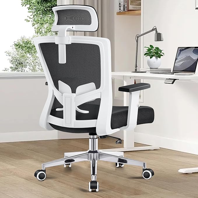 Office Chair, Ergonomic Desk Chair High Back Computer Chair Swivel Mesh Task Chair with Adjustable Lumbar Support Armrests Headrest White - LeafyLoom
