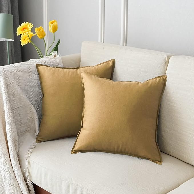 Jeanerlor Pack of 2 24 x 24 Inch Cotton Linen Soft Soild Decorative Square Throw Pillow Covers Green Cushion Case Set for Bedroom/Sofa/Car 60 x 60 cm,Earth Yellow - LeafyLoom
