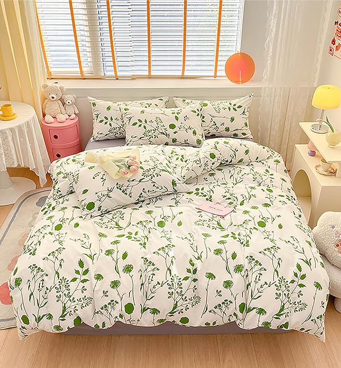 Sage Botanical Comforter Queen White Green Floral Plant Bedding Comforter Set Girls Garden Pattern Printed on White Blanket Rustic Leaf Blossom Women White Farmhouse Comforter Queen - LeafyLoom