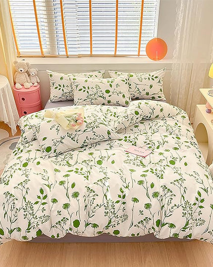 Sage Botanical Comforter Set Full White and Green Floral Plant Bedding Comforter Set Girls Garden Pattern Printed on White Blanket Rustic Leaf Blossom Women White Farmhouse Comforter Full - LeafyLoom