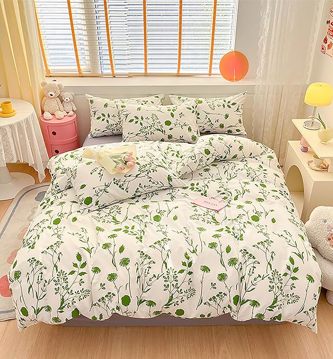 Sage Botanical Comforter Set Full White and Green Floral Plant Bedding Comforter Set Girls Garden Pattern Printed on White Blanket Rustic Leaf Blossom Women White Farmhouse Comforter Full - LeafyLoom